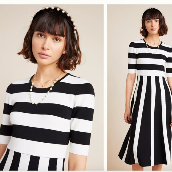 NWT Anthropologie Tori Black and White Striped Fit and Flare Sweater Dress - Picture 3 of 11